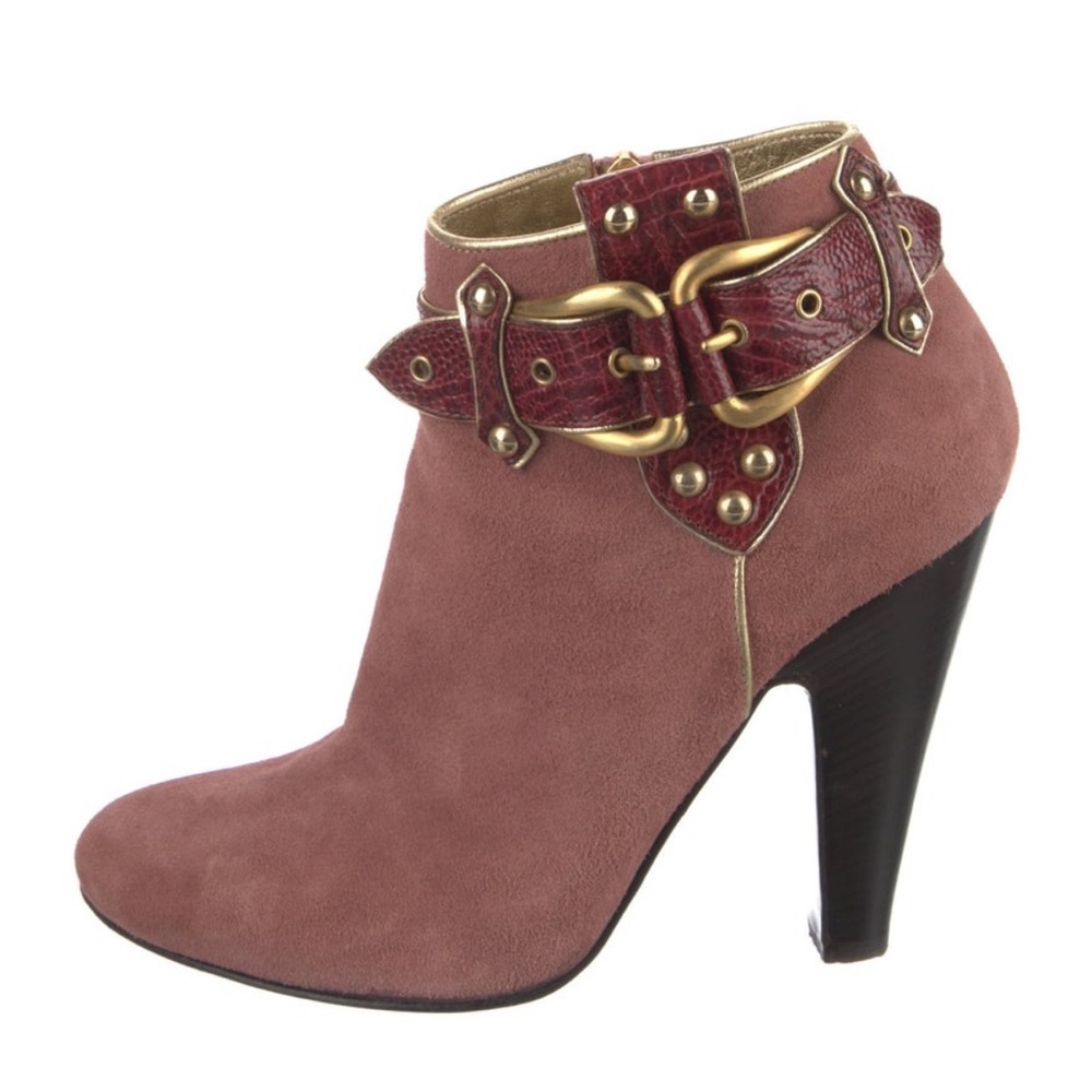 Dusty Rose Pink Suede Leather Ankle Boot Large Burgundy Red Brass Buckle 36 6